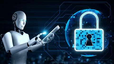 AI robot huminoid uses cloud computing technology to store data on online server Illustrazione stock