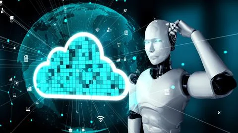 AI robot huminoid uses cloud computing technology to store data on online server Stock Illustration