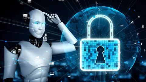 AI robot huminoid uses cloud computing technology to store data on online server Stockillustratie