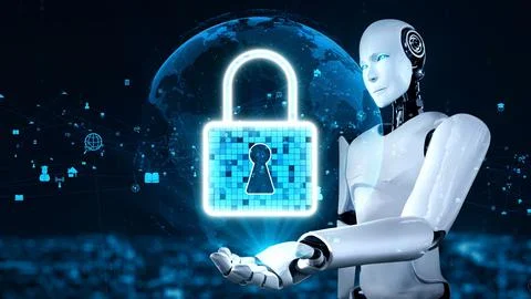 AI robot huminoid uses cloud computing technology to store data on online server Stock Illustration