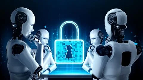 AI robot huminoid uses cloud computing technology to store data on online server Stock Illustration