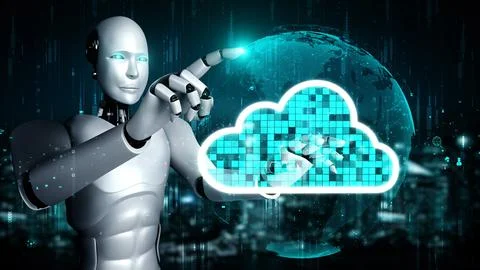 AI robot huminoid uses cloud computing technology to store data on online server Illustrazione stock
