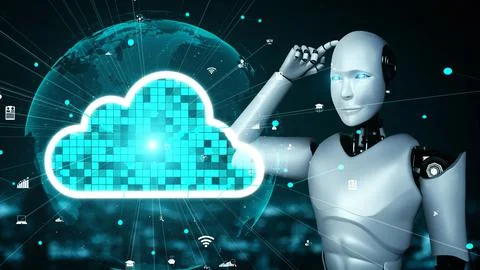 AI robot huminoid uses cloud computing technology to store data on online server Illustrazione stock