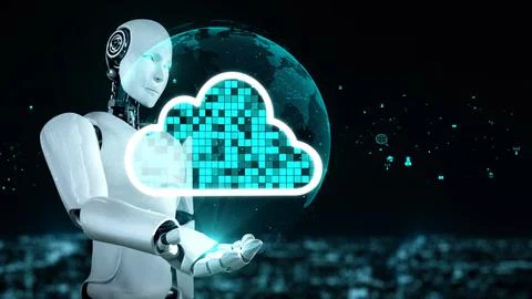 AI robot huminoid uses cloud computing technology to store data on online server 스톡 일러스트