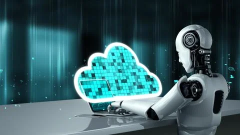 AI robot huminoid uses cloud computing technology to store data on online server イラスト素材