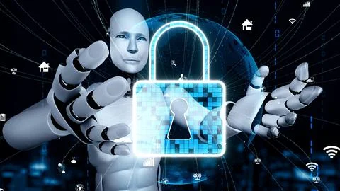 AI robot huminoid uses cloud computing technology to store data on online server Illustrazione stock