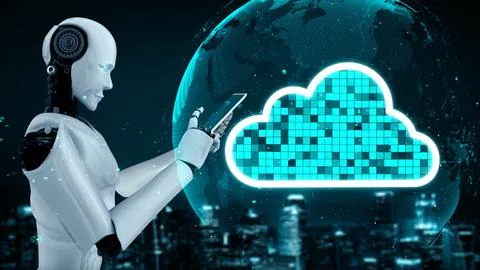 AI robot huminoid uses cloud computing technology to store data on online server Illustrazione stock