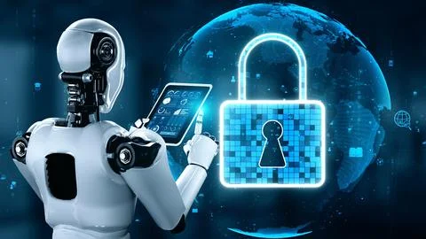 AI robot huminoid uses cloud computing technology to store data on online server Stock Illustration