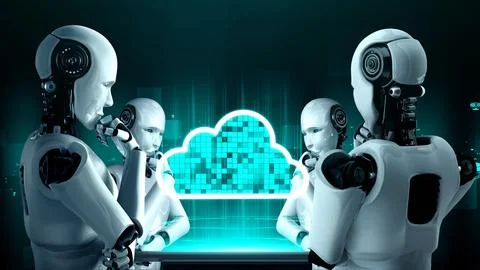 AI robot huminoid uses cloud computing technology to store data on online server Illustrazione stock