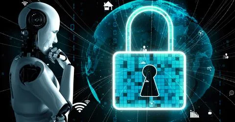 AI robot huminoid uses cloud computing technology to store data on online server Illustrazione stock