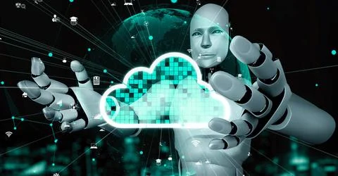 AI robot huminoid uses cloud computing technology to store data on online server Illustrazione stock