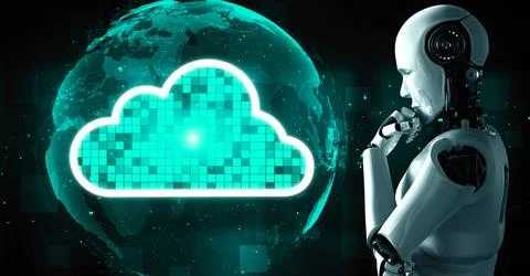 AI robot huminoid uses cloud computing technology to store data on online server Stockillustratie