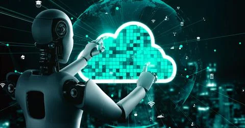 AI robot huminoid uses cloud computing technology to store data on online server 스톡 일러스트