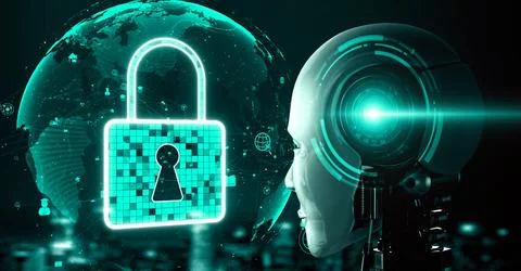 AI robot huminoid uses cloud computing technology to store data on online server Illustrazione stock