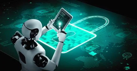 AI robot huminoid uses cloud computing technology to store data on online server Stock Illustration