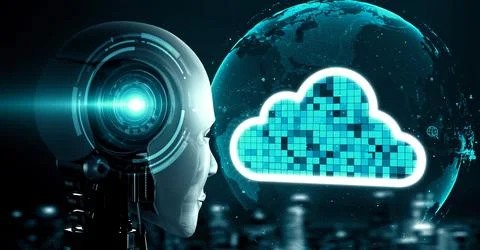 AI robot huminoid uses cloud computing technology to store data on online server Stock Illustration