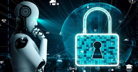 AI robot huminoid uses cloud computing technology to store data on online server 스톡 일러스트