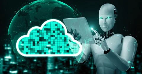 AI robot huminoid uses cloud computing technology to store data on online server Illustrazione stock