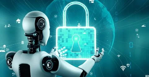 AI robot huminoid uses cloud computing technology to store data on online server Stock Illustration