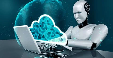 AI robot huminoid uses cloud computing technology to store data on online server Stock Illustration