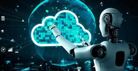 AI robot huminoid uses cloud computing technology to store data on online server Stock Illustration