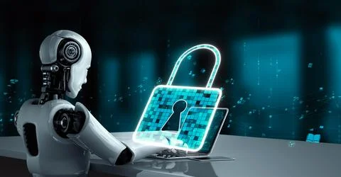 AI robot huminoid uses cloud computing technology to store data on online server Stockillustratie