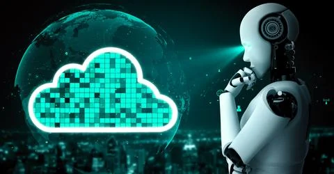 AI robot huminoid uses cloud computing technology to store data on online server Stock Illustration