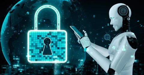 AI robot huminoid uses cloud computing technology to store data on online server Stock Illustration