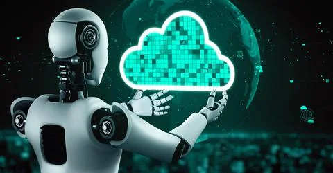 AI robot huminoid uses cloud computing technology to store data on online server Illustrazione stock