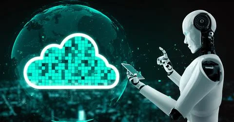 AI robot huminoid uses cloud computing technology to store data on online server Illustrazione stock