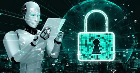 AI robot huminoid uses cloud computing technology to store data on online server Stockillustratie