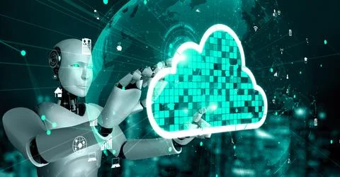AI robot huminoid uses cloud computing technology to store data on online server Stock Illustration
