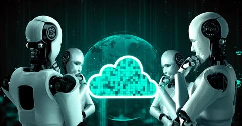 AI robot huminoid uses cloud computing technology to store data on online server Illustrazione stock