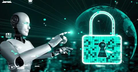 AI robot huminoid uses cloud computing technology to store data on online server Illustrazione stock