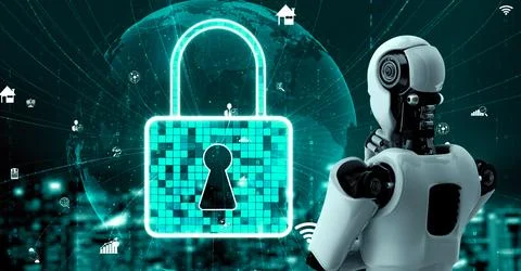 AI robot huminoid uses cloud computing technology to store data on online server Stockillustratie