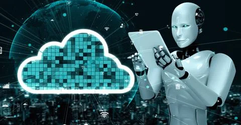 AI robot huminoid uses cloud computing technology to store data on online server Stock Illustration