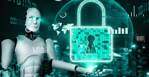 AI robot huminoid uses cloud computing technology to store data on online server Stock Illustration