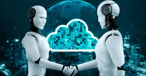 AI robot huminoid uses cloud computing technology to store data on online server Stock Illustration