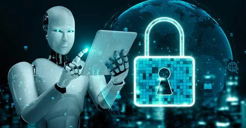 AI robot huminoid uses cloud computing technology to store data on online server Illustrazione stock