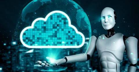AI robot huminoid uses cloud computing technology to store data on online server Stock Illustration