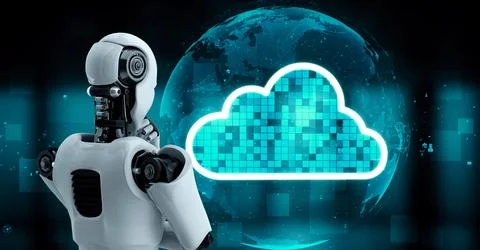 AI robot huminoid uses cloud computing technology to store data on online server 库存插图
