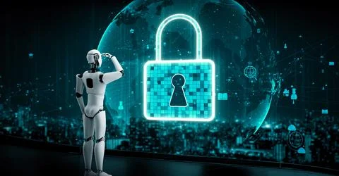 AI robot huminoid uses cloud computing technology to store data on online server Illustrazione stock