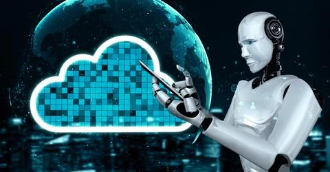 AI robot huminoid uses cloud computing technology to store data on online server Stock Illustration