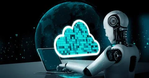 AI robot huminoid uses cloud computing technology to store data on online server Stock Illustration