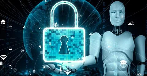 AI robot huminoid uses cloud computing technology to store data on online server Stock Illustration