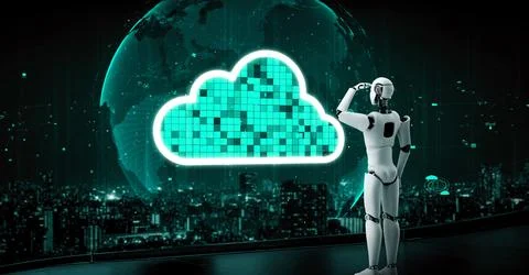 AI robot huminoid uses cloud computing technology to store data on online server Illustrazione stock