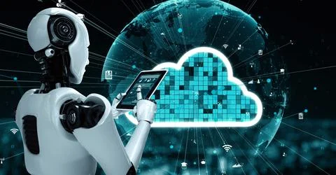 AI robot huminoid uses cloud computing technology to store data on online server イラスト素材
