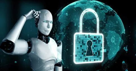 AI robot huminoid uses cloud computing technology to store data on online server Stockillustratie