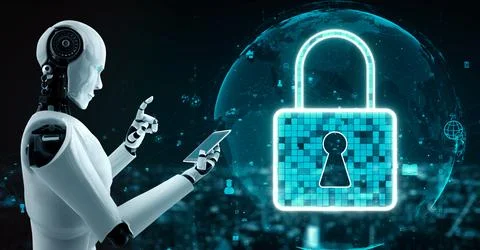 AI robot huminoid uses cloud computing technology to store data on online server Stock Illustration