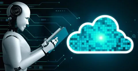 AI robot huminoid uses cloud computing technology to store data on online server Stockillustratie